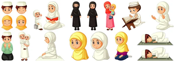 Conjunto Diferentes Personagens Desenhos Animados Pessoas Muçulmanas Isolados Fundo Branco — Vetor de Stock