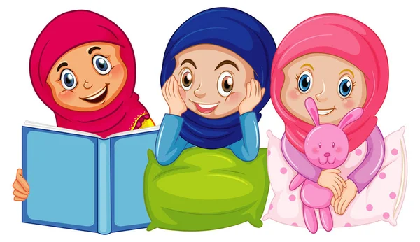 阿拉伯穆斯林儿童穿着传统服装 孤零零地坐在白色背景的插图上 — 图库矢量图片