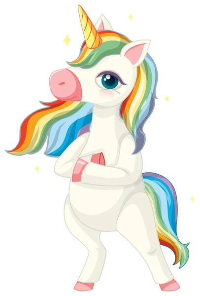 Cute Rainbow Unicorn Standing Position White Background Illustration — Stock Vector