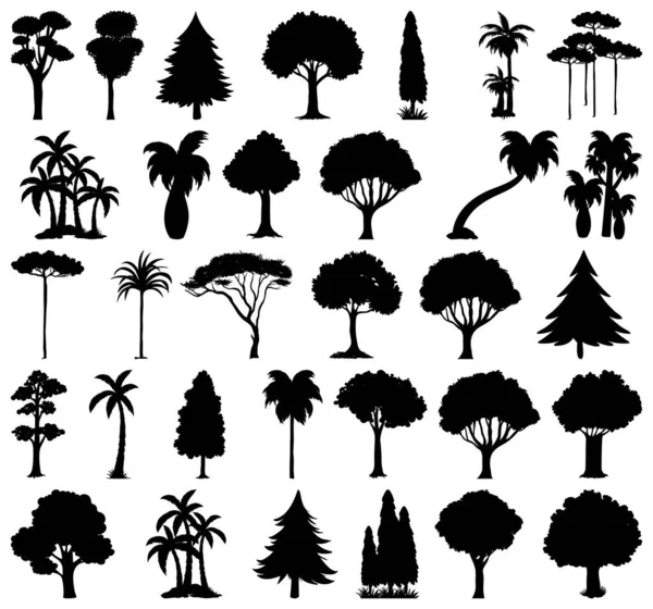 Set Van Planten Bomen Silhouet Illustratie — Stockvector