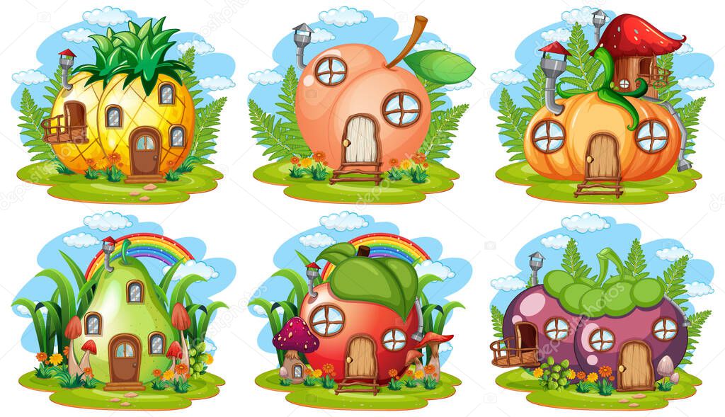 Set of fruit and vegetable fairy house illustration