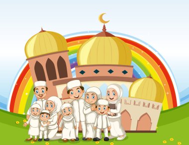 Geleneksel giysiler, cami ve gökkuşağı arkaplan resimli Arap Müslüman ailesi