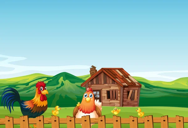 Scena Gospodarstwa Przyrodzie Stodołą Kurczakiem Ilustracja — Wektor stockowy