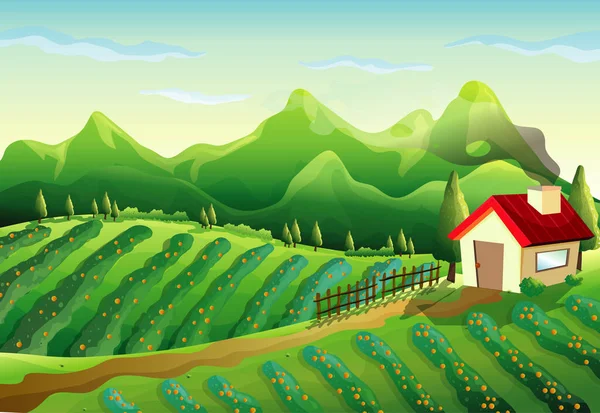 Farm Nature Scene Little House Green Farm Illustration — Stock Vector