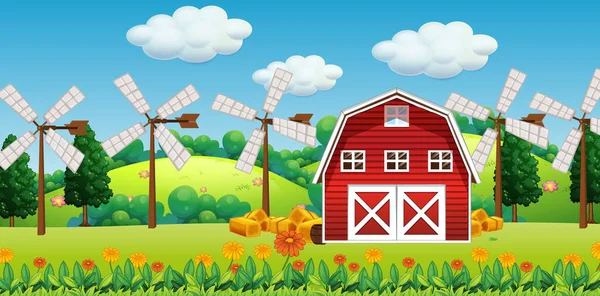 納屋や風車のイラストと自然のファームシーン — ストックベクタ