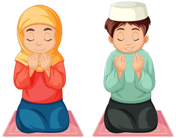 阿拉伯穆斯林男孩和女孩身着传统服装 坐在白色背景图上 坐在孤立的位置上祈祷 — 图库矢量图片