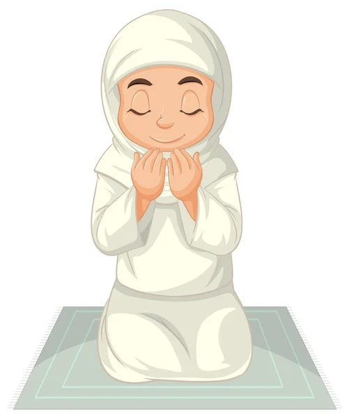 身着传统服装的阿拉伯穆斯林女孩坐在白色背景图上被隔离的位置祈祷 — 图库矢量图片