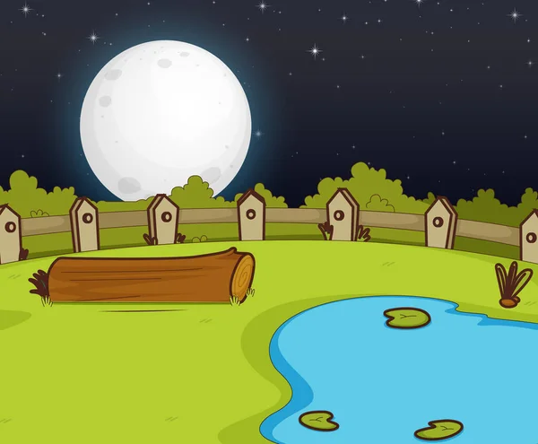 Granja Escena Con Pantano Luna Grande Noche Ilustración — Archivo Imágenes Vectoriales