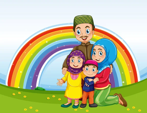 Arabska Rodzina Muzułmanów Tradycyjnej Odzieży Tęczowym Tle Ilustracji — Wektor stockowy