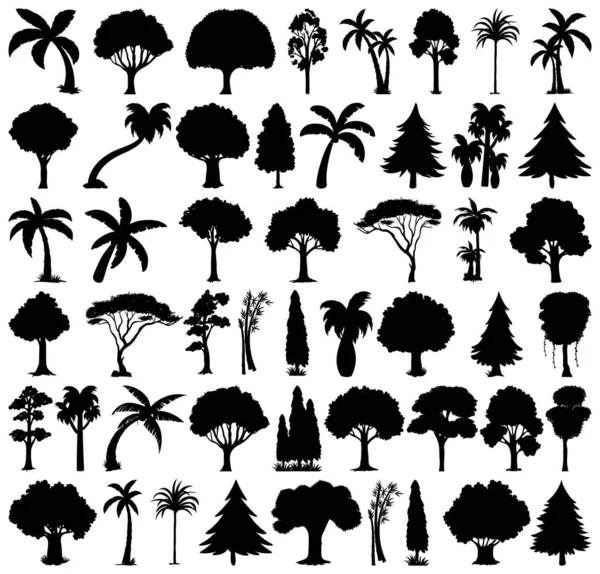 Set Van Planten Bomen Silhouet Illustratie — Stockvector