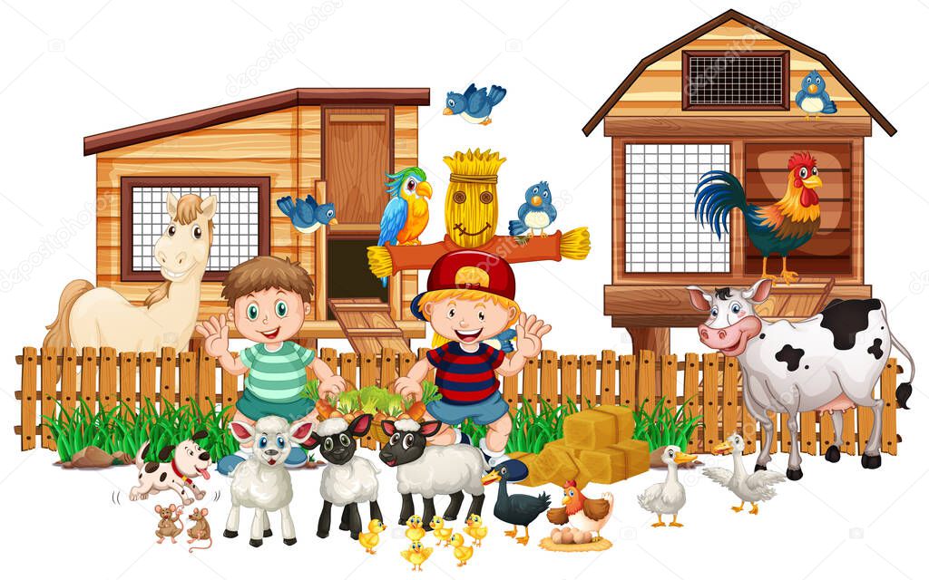 Animal farm with two kid isolated illustration