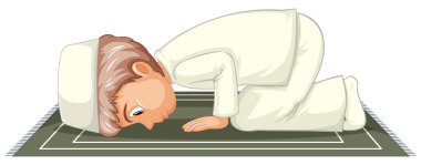 Beyaz arkaplanda izole edilmiş, geleneksel giyinmiş, dua eden Arap Müslüman bir kız.