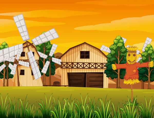 納屋や風車 かかしのイラストで自然の中のファームシーン — ストックベクタ