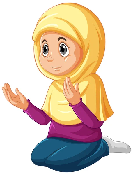 Arabiska Muslim Flicka Traditionella Kläder Bedjande Ställning Isolerad Vit Bakgrund — Stock vektor