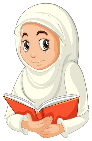 Árabe Musulmana Chica Ropa Tradicional Lectura Libro Posición Aislado Blanco — Archivo Imágenes Vectoriales