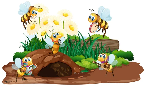 蜜蜂在花园里飞舞的场景 — 图库矢量图片