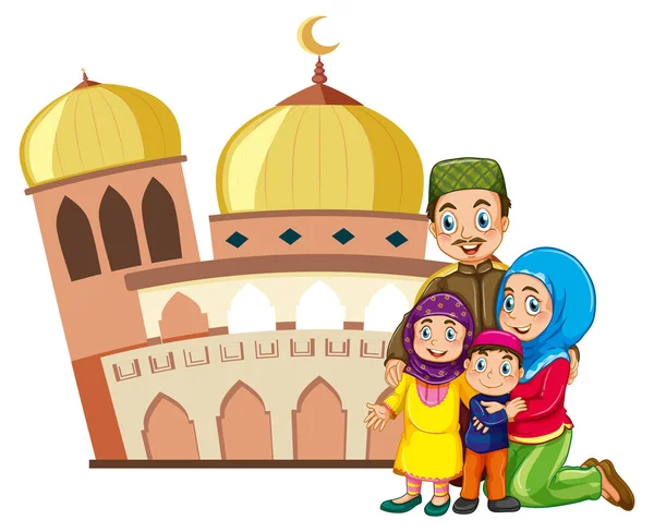 Arabská Muslimská Rodina Tradičním Oblečení Mešitou Izolované Bílém Pozadí Ilustrace — Stockový vektor