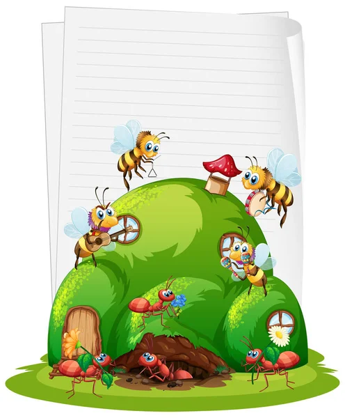 带有蚂蚁巢和蜜蜂的空白纸 — 图库矢量图片