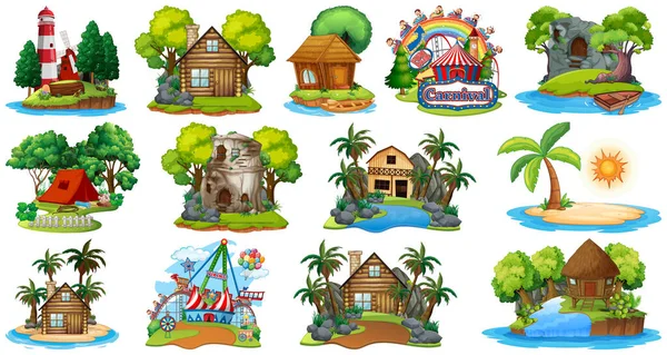 Set Von Verschiedenen Bangalows Und Insel Strand Thema Und Freizeitpark — Stockvektor