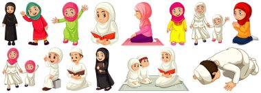 Beyaz arkaplan resimlerinde izole edilmiş farklı müslüman çizgi film karakterleri.