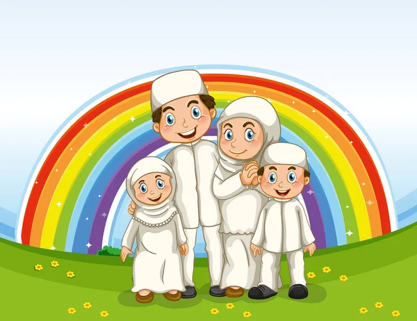 Arab Muslim Family Traditional Clothing Rainbow Background Illustration — Stock Vector