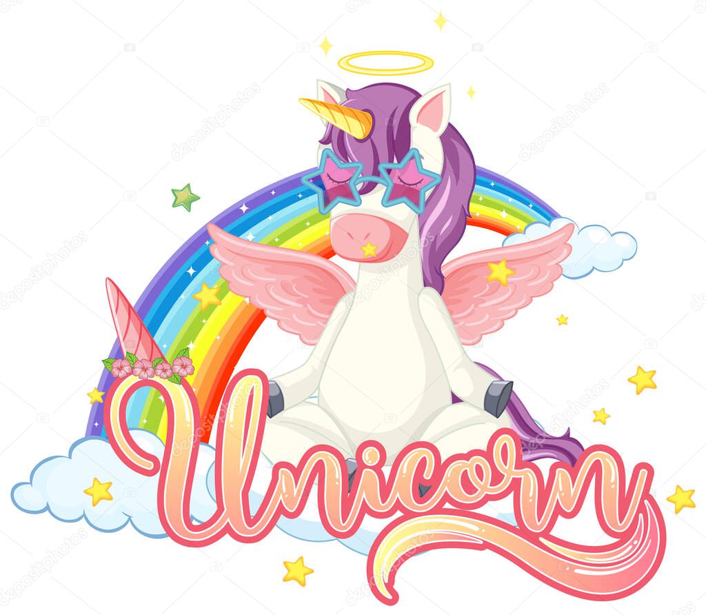 Colourful unicorn meditate on sky illustration