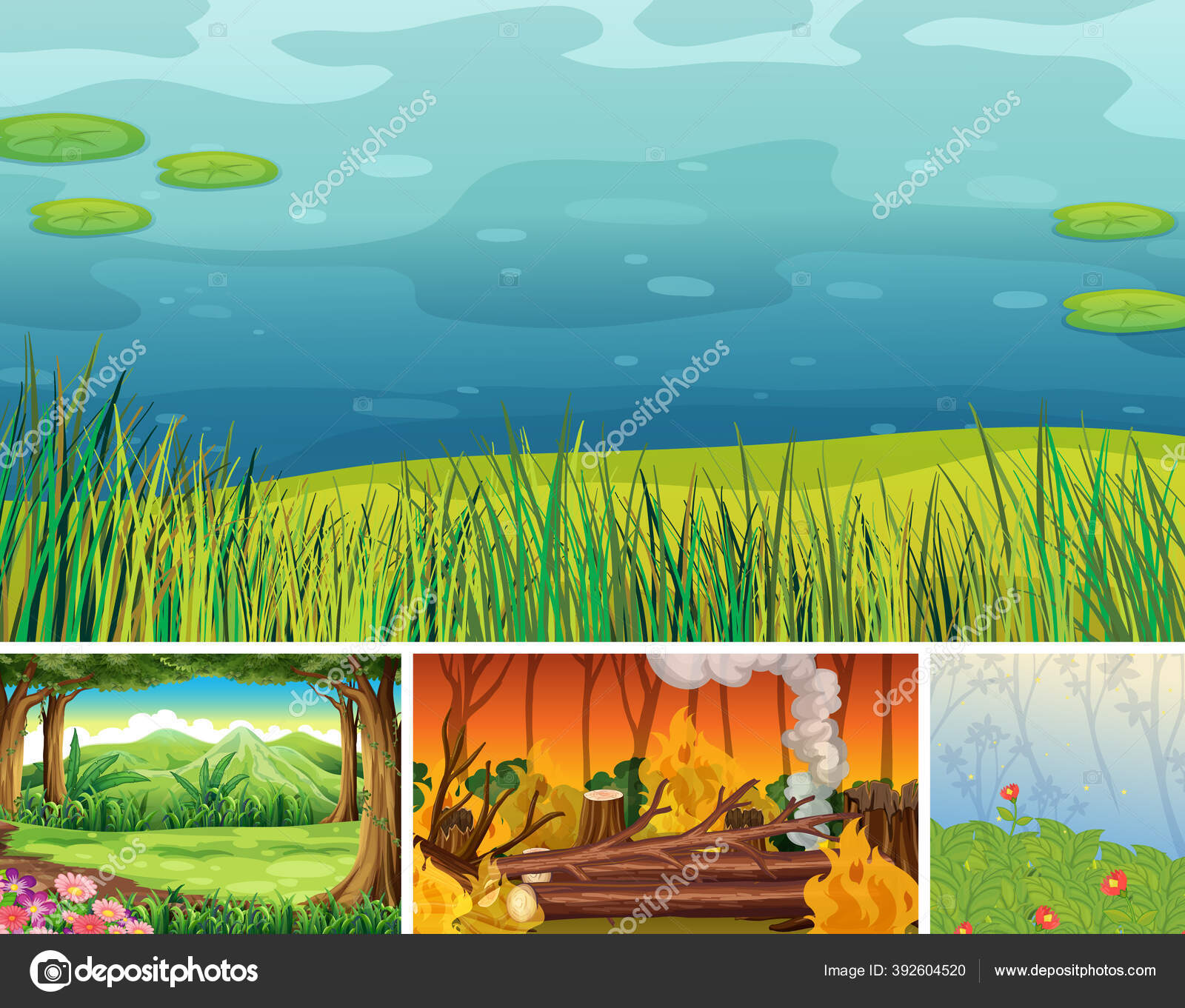 Four Different Natural Disaster Scenes Forest Cartoon Style Illustration Stock Vector Image by ©interactimages #392604520 Four Different Natural Disaster Scenes Forest Cartoon Style Illustration Stock Vector Image by ©interactimages #392604520