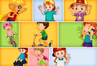 Farklı arkaplan resimlerinde farklı çocuk karakterleri kümesi