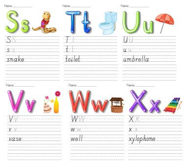 Beyaz kağıt illüstrasyonunda alfabe çalışma tablosu