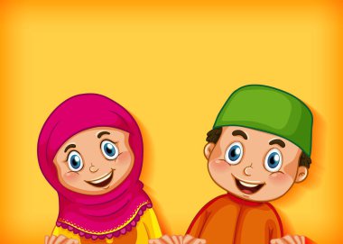 Renkli arkaplan çizimi üzerine mutlu Müslüman çift