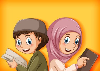 Müslüman çocuk resimli kitaplar okuyor.