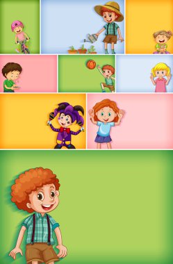 Farklı arkaplan resimlerinde farklı çocuk karakterleri kümesi