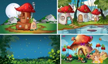 Fantezi dünyasının dört farklı sahnesi ve mantar köyü illüsü gibi fantezi karakterleri.
