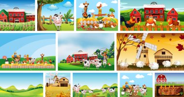 Hayvan çiftliği karikatür stili resimli farklı çiftlik sahneleri.