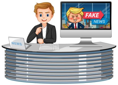Televizyonda ya da bilgisayar monitöründe sahte haber sunucusu izole edilmiş illüstrasyon