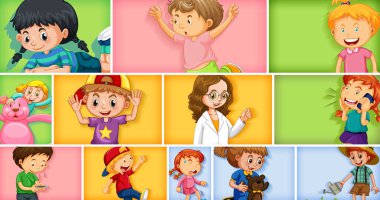 Farklı arkaplan resimlerinde farklı çocuk karakterleri kümesi