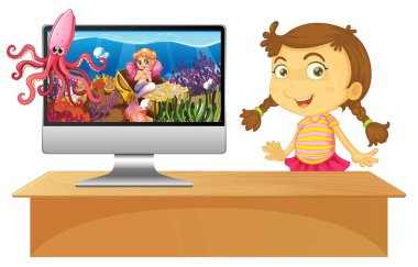 Ekran illüstrasyonunda sualtı sahnesi olan bilgisayarın yanındaki kız