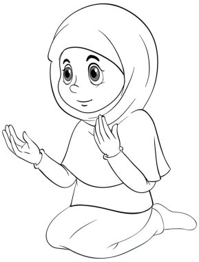 Geleneksel giysiler içinde Arap müslüman bir kız oturduğu yerde dua ediyor.