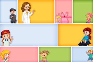 Farklı arkaplan resimlerinde farklı çocuk karakterleri kümesi