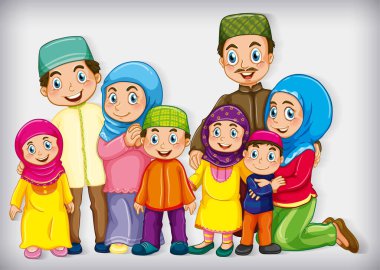 Çizgi film karakter gradyan arkaplan illüstrasyonunda Müslüman aile üyesi