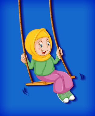 Mutlu Müslüman kız salıncakta sallanıyor.