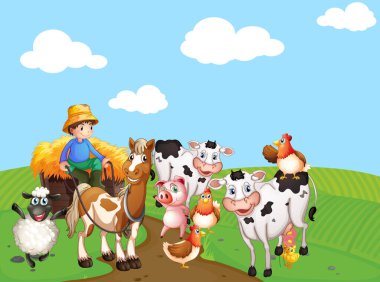Hayvan çiftliği karikatür stili illüstrasyonlu çiftlik sahnesi