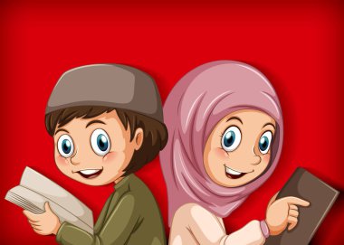 Kitap illüstrasyonunu okuyan Müslüman öğrenciler