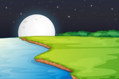 Gece büyük ay ile nehir kenarı sahnesi