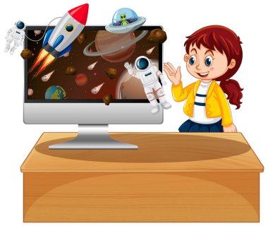 Masaüstü arkaplan resimli bilgisayarın yanındaki kız