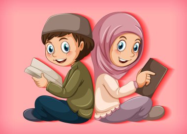 Kitap illüstrasyonunu okuyan Müslüman öğrenciler