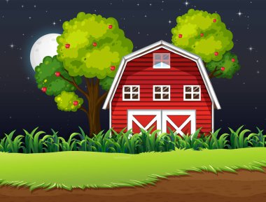 Farm scene with barn and apple tree at night illustration clipart