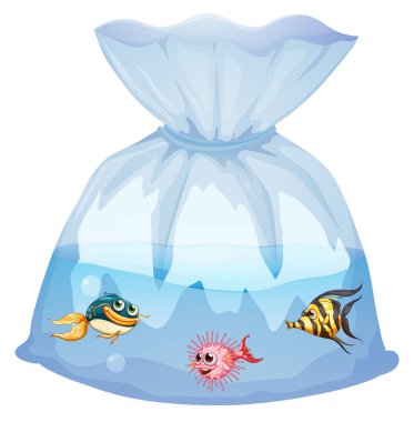 Plastik poşetteki şirin balıklar karikatür izole edilmiş.