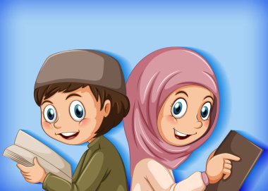 Kitap illüstrasyonunu okuyan Müslüman öğrenciler