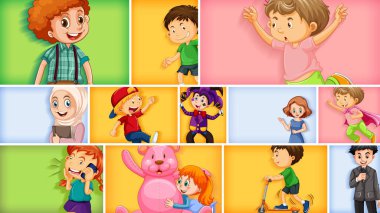 Farklı arkaplan resimlerinde farklı çocuk karakterleri kümesi